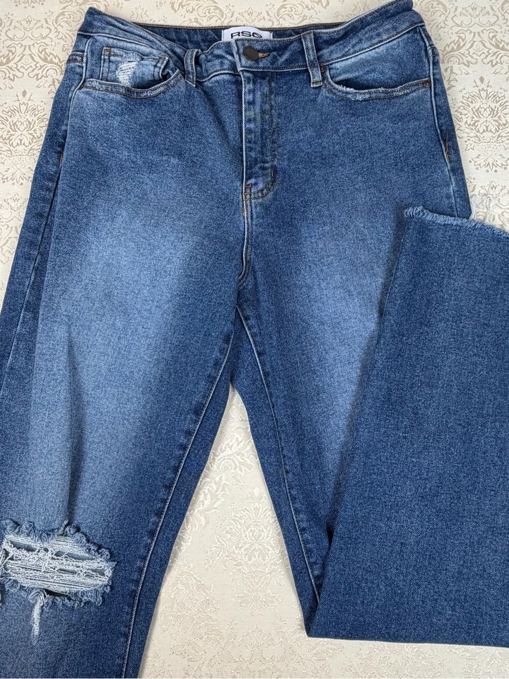 RSQ Mid-Wash Blue Distressed Mom Jeans